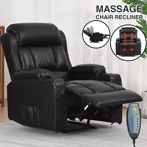 Black PU Leather Massage Recliner Chair Single Sofa Heated w/Remote,2 Cup Holder - Picture 1 of 24