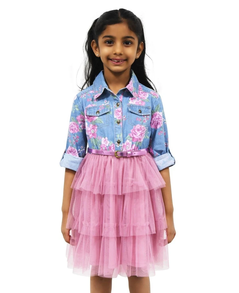 Pink & Violet Toddler & Little Girls Floral-Print Denim Tutu Dress - Blue/rose - Image 1 of 1