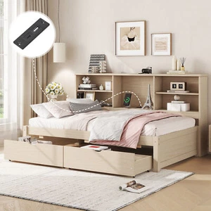 Twin Bed Frame Side Bookshelves 2 Drawers Built-in USB Port For Kids Boys Girl - Picture 1 of 5