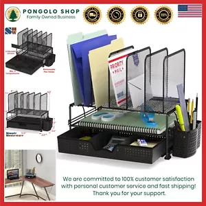 Elegant Black Mesh Desk Organizer with Sliding Drawer and Double Letter Trays - Picture 1 of 9