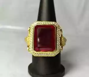 5 Ct Emerald Cut Lab Created Red Ruby Men's Bishop Ring 14K Yellow Gold Plated - Picture 1 of 4