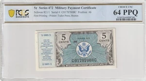 Military Payment Currency 1948 5 Cents PCGS Certified Banknote UNC 64 PPQ 472 - Picture 1 of 2