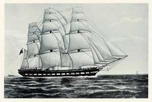 1860 Blackwall Frigate Tall Ship MALABAR, 1925 vintage nautical print - Picture 1 of 3