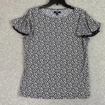 Chaps Top Women's Size Large Navy Floral Short Sleeve Knit Pullover Blouse - Imagem 1 de 4