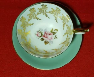 AYNSLEY SAGE GREEN CUP & SAUCER PINK ROSE CENTER GOLD FILIGREE 2349 ENGLAND - Picture 1 of 6