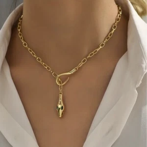 Snake Chain Necklace Italy Choker Pendant Gold Plated Zara Head - Picture 1 of 9