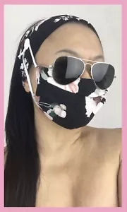 Passende Stirnband Maske 100 % Baumwolle 2-lagig verstellbar Ohrschlaufe Rouge Blume schwarz - Bild 1 von 7