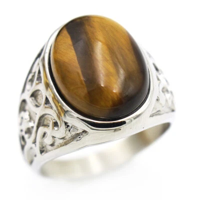 Vintage Coffee Stone Men's Wedding Ring Stainless Steel Retro Biker Signet Ring - Image 1 of 4