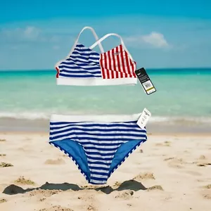 Speedo Girls Bikini Set Two Piece Swimsuit, Mariner Stripe Cobalt, 14 US - Picture 1 of 4