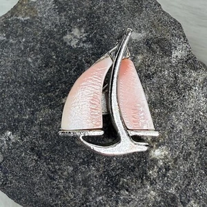 Silver Tone Sailboat Brooch Pin Pendant Pink Sails Cute 1" X .75" - Picture 1 of 5