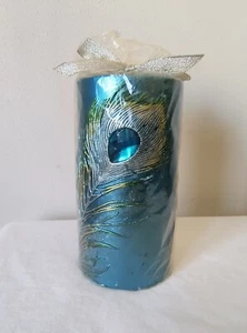 Pier 1 Peacock Feather Gem Pillar Candle Turquoise & Silver Gemstone Glitter - Picture 1 of 7
