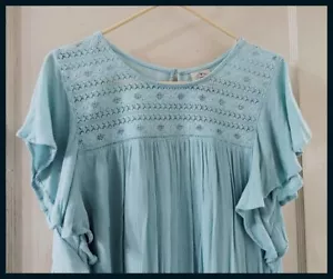 St Johns Bay Blue Ruffle Flutter Sleeve Pleated Tunic Top Blouse M - Picture 1 of 6