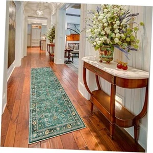 Runner Rug, Polyester, Low Pile, Non Slip, Floral, Kitchen, Living 2X7 Green - Picture 1 of 7