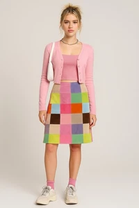 Falda midi vintage años 2000 Isaac Mizrahi para Target gamuza genuina retazos S - Imagen 1 de 9