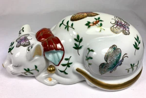 Vintage schlafende Katze japanische Mid Century Porzellan Künstler signiert Schmetterlinge - Bild 1 von 8