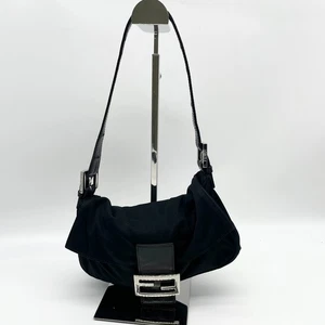 Borsa a tracolla FENDI Mamma Baguette logo FF borsetta pelle nera cotone originale - Foto 1 di 22
