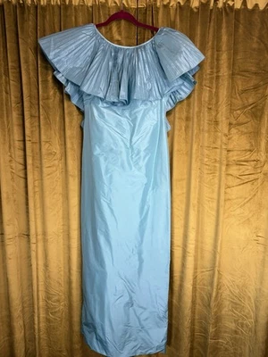 Vintage 1980s Richilene Aqua Blue Ruffle Plisse Evening Gown. Small.  - Image 1 of 4
