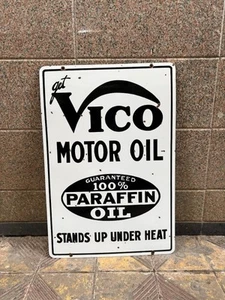 Vintage "VICO MOTOR OIL" PARAFFIN OIL PORCELAIN ENAMEL SIGN 34" x 23" - Picture 1 of 5