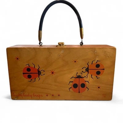 Vintage Enid Collins Lucky Ladybugs Wooden Box Purse Handbag 1960s w/ Mirror - Image 1 of 4