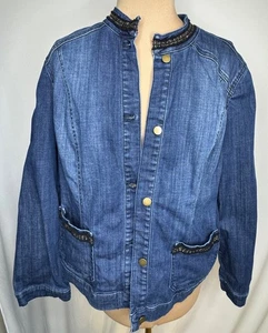 Chicos Womens Denim Jacket Size 2 With Embellished Collar & Pockets - Picture 1 of 10