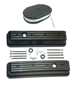 BLACK Small Block Chevy Tall Finned Center Bolt Valve Covers 12" Air Cleaner 350 - Bild 1 von 9