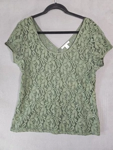 Banana Republic Women XL Coquette Shirt Lace Sage Green Scoop BackV Short Sleeve - Picture 1 of 8