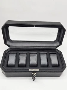 Wolf Heritage Windsor Negro Cuero Vegano 5 Piezas Caja Reloj Vidrio Tapa Llave Cerradura - Imagen 1 de 23