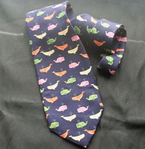 ALYNN Neckwear Multi Color “Whales” Navy Silk Tie - Picture 1 of 4