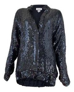 Vintage 1980s Black Sequin Bomber Jacket Dolman Sleeve Shacket Silk Moto Jacket - Picture 1 of 6