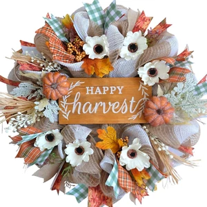 Thanksgiving Fall Wreath 18in for Front Door Décor Autumn Artificial Leaf - Picture 1 of 12