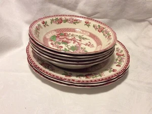 WR MIDWINTER LTD INDIAN TREE RED LAVENDER SOUP & DINNER PLATES - SET OF 8 - Picture 1 of 10