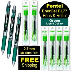 Pentel EnerGel RTX Green Liquid Gel Ink, 0.7mm, 3 Pens with 6 Packs of Refills - Picture 1 of 6