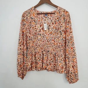 Old Navy Womens Peach Pink Floral Blouse Size XL Smocked Waist V Neck Boho NWT - Picture 1 of 8