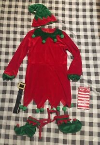 Elf Costume - Body, Hat, Belt, Stockings, Shoes Mostly Red and Green. - Size XL
