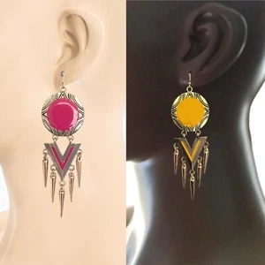 4" Long Yellow Fuchsia Tribal Ethnic Everyday Casual Urban Fringe Earrings - Picture 1 of 5