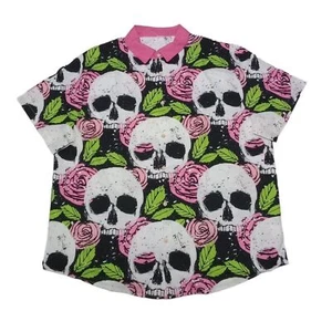 Men's Skull Hawaiian Shirt Small Pink Floral Flower Roses Button Up - Picture 1 of 5
