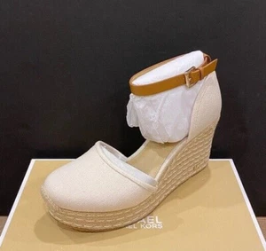 Michael Kors Kendrick Cream Espadrille Wedges Canvas Sandals Shoes Heels 10 NEW - Picture 1 of 4
