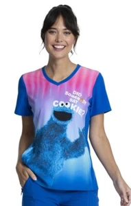 Cookie Monster Cherokee Scrubs Tooniforms Sesame Street V Neck Top Sz Medium - Picture 1 of 4