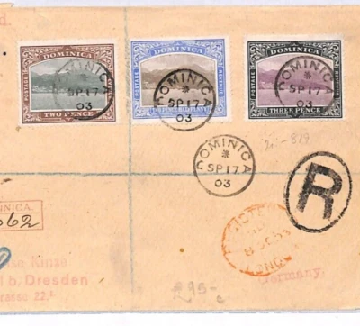 DOMINICA Cover KEVII 3d 2½d. 2d Registered 1903 Germany Dresden {samwells}YD265 - Image 1 of 4