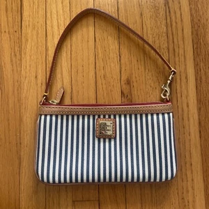 VTG Dooney & Bourke Blue/White Stripe & Leather/Tan Trim Mini Purse/Wristlet - Picture 1 of 11