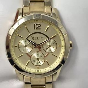 Relic Watch Women 35mm Gold Tone Day Date Stainless Band 30M New Battery 6.5" - Picture 1 of 16