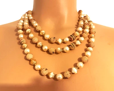 Colar de vidro vintage tom dourado multicolorido com miçangas três fios pérola falsa - Imagem 1 de 3