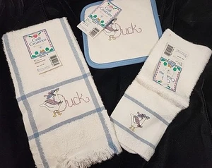 Neu Vintage Set 3 Kreuzstich Ente Küche Geschirrtuch Topflappen Handtuch 80er Jahre - Bild 1 von 7