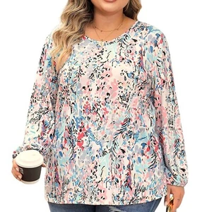 Multicolor Plus Size Floral Print Round Neck Long Sleeve Blouse 1X (3737) - Picture 1 of 6