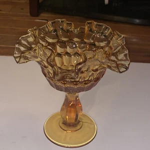 Vintage Fenton Amber Glass Thumbprint Ruffled Edge Pedestal Compote Candy Dish - Picture 1 of 4