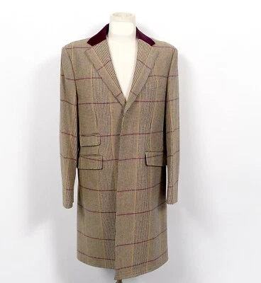 Crombie Top Coat Glen Check Burgundy Velvet Collar 40R  NWT Retail $1098 - Image 1 of 4