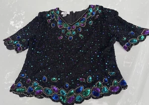 Laurence Kazar NY Silk Beaded Top Vintage 2x Black Sequins Colorful Evening - Picture 1 of 12