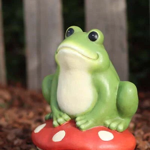 Outdoor Green Frog on Red Mushroom Garden Statuary,6 in L x 4.75 in W x 8.5 in H - Picture 1 of 6