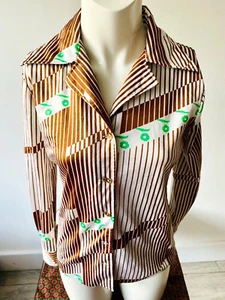 VINTAGE RARE women's 60's ROMY BROWN STRIPE NYLON FEEL LONG SLEEVE BLOUSE 36" - Picture 1 of 10