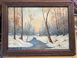 Antikes Ölgemälde Winter Land Wald Szene fließender Bach Schnee signierte Kunst - Bild 1 von 16